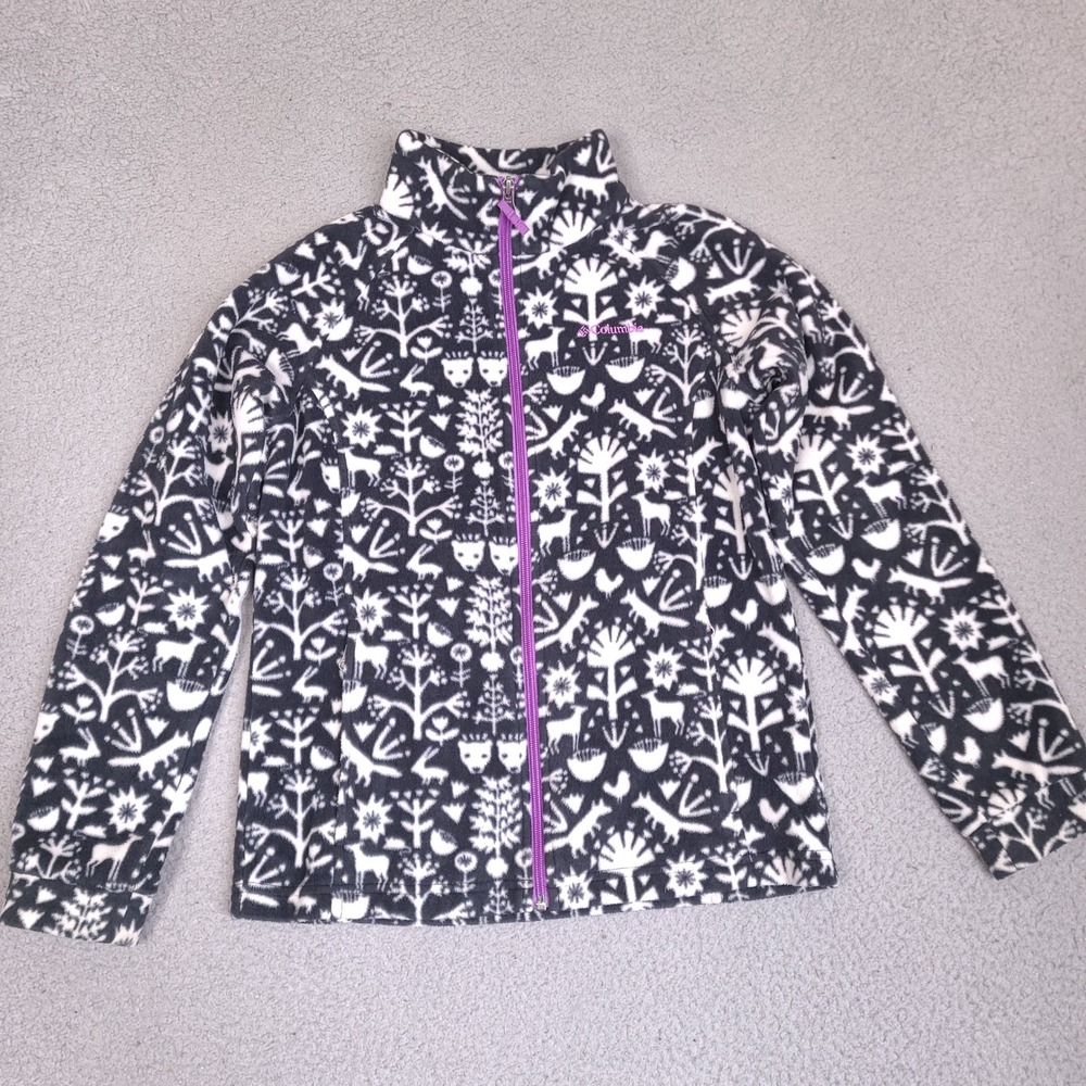 Columbia Fleece Jacket Girls‎ Large Black White Nordic Folk Animal Print Zip